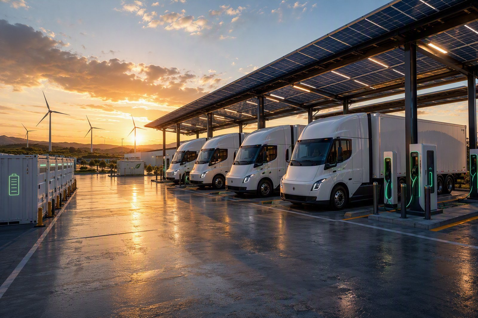Electric truck fleet charging at a solar powered depot
